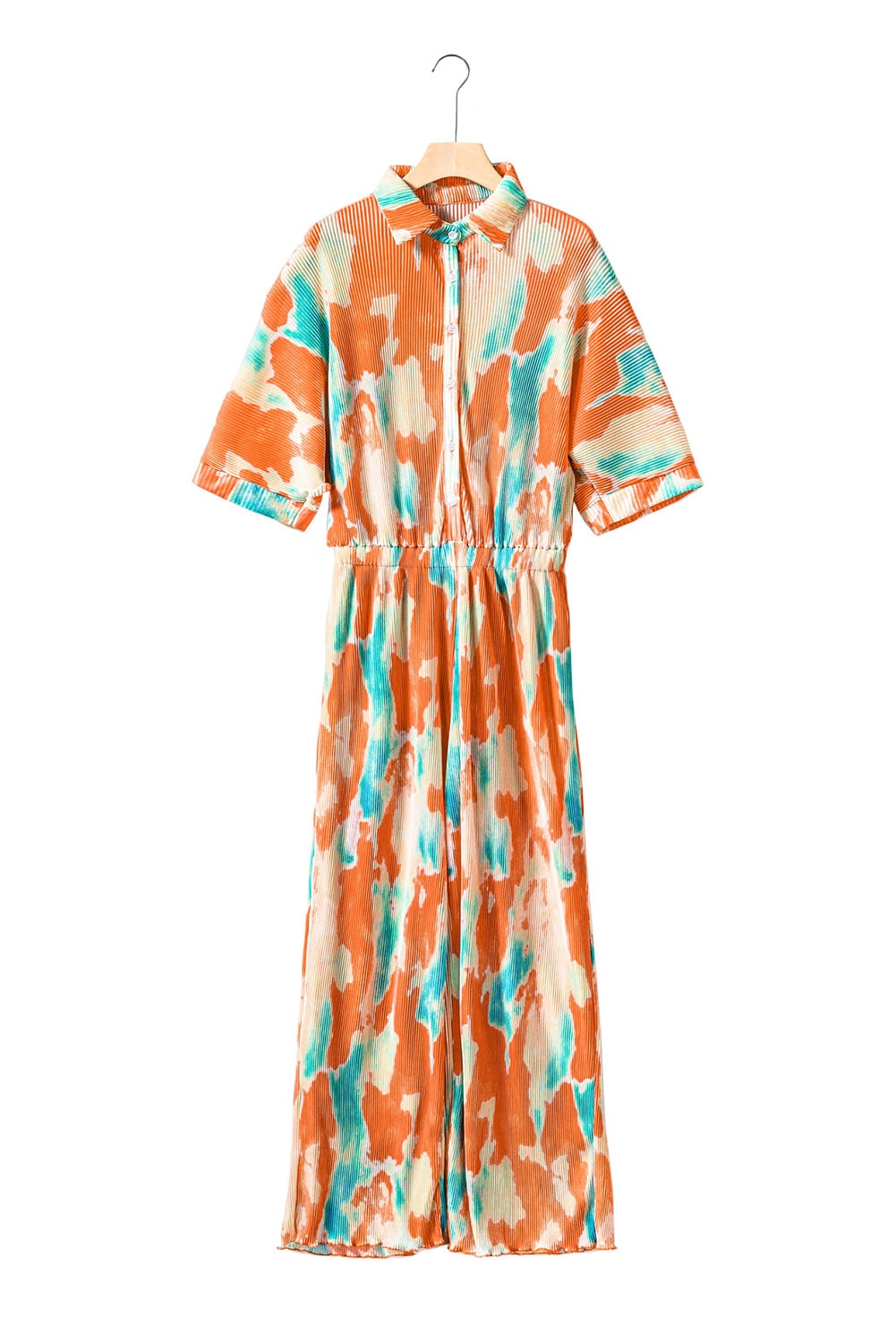 Multicolor Bohemian Tie Dye Pleated Wide Leg JumpsuitMaterial:100%Polyester
•Made of soft and flowy fabric for comfort and movement.
•Features a pleated design for a flattering fit.
•Wide leg c