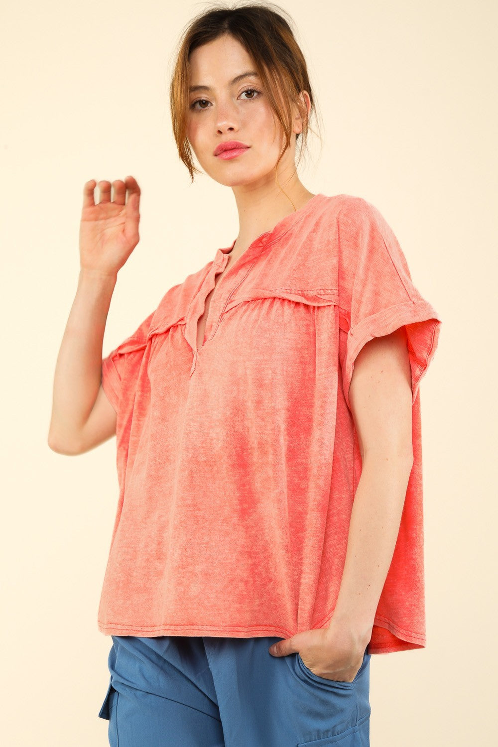 VERY J Nochted Short Sleeve Washed T-ShirtThe Notched Washed Knit Top features a stylish washed knit fabric for a laid-back yet trendy look. The short folded sleeves add a casual touch to the top, perfect fo