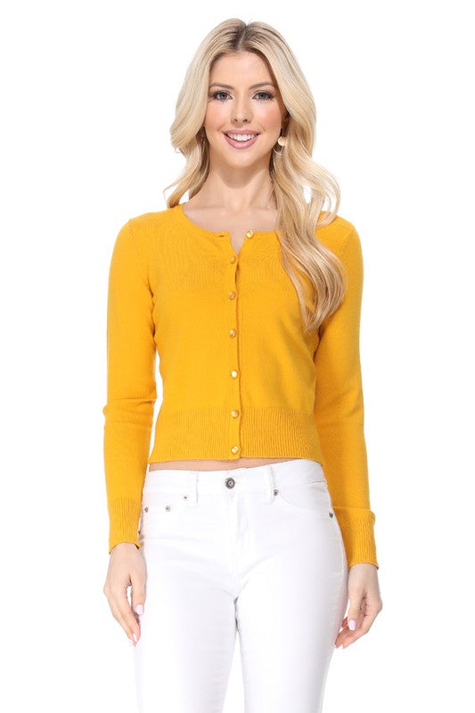 Gem Button Crew Neck Long Sleeve Sweater Cardigan- 18"-19" Length, Crewneck, Long Sleeves, Rounded Jewel Buttons, Button Down, Basic and Classic Viscose Crop Cardigan Sweater for Women.- Lightweight Knit Cardigan B