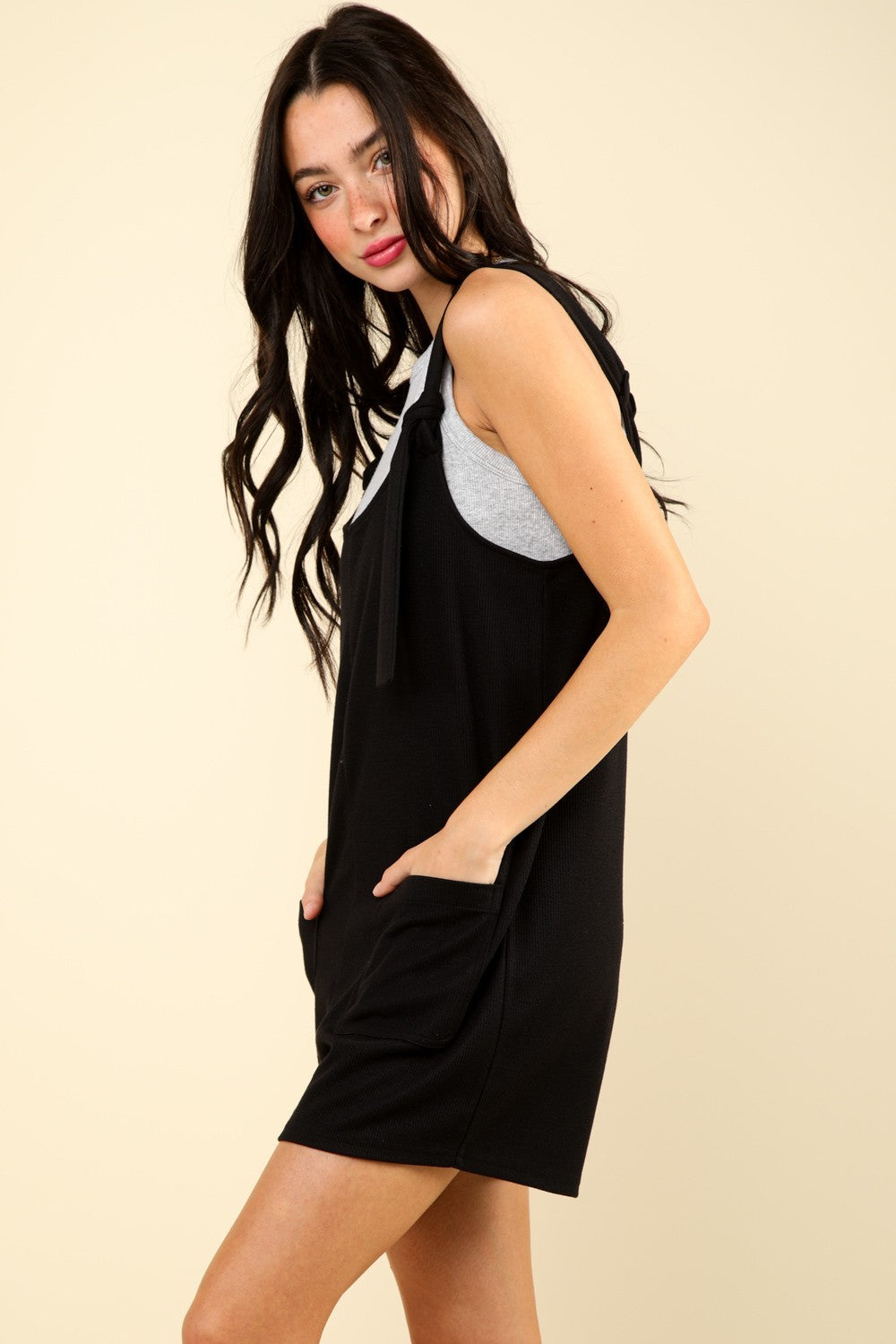 VERY J Tie Shoulder Front Pocket RomperThe Solid Casual Knit Romper is a chic and comfortable choice for any casual occasion. This romper features front patch pockets for added convenience and a trendy to