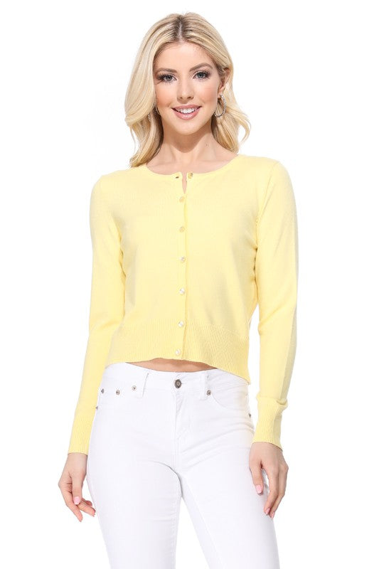Gem Button Crew Neck Long Sleeve Sweater Cardigan- 18"-19" Length, Crewneck, Long Sleeves, Rounded Jewel Buttons, Button Down, Basic and Classic Viscose Crop Cardigan Sweater for Women.- Lightweight Knit Cardigan B