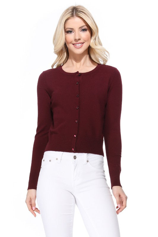 Gem Button Crew Neck Long Sleeve Sweater Cardigan- 18"-19" Length, Crewneck, Long Sleeves, Rounded Jewel Buttons, Button Down, Basic and Classic Viscose Crop Cardigan Sweater for Women.- Lightweight Knit Cardigan B