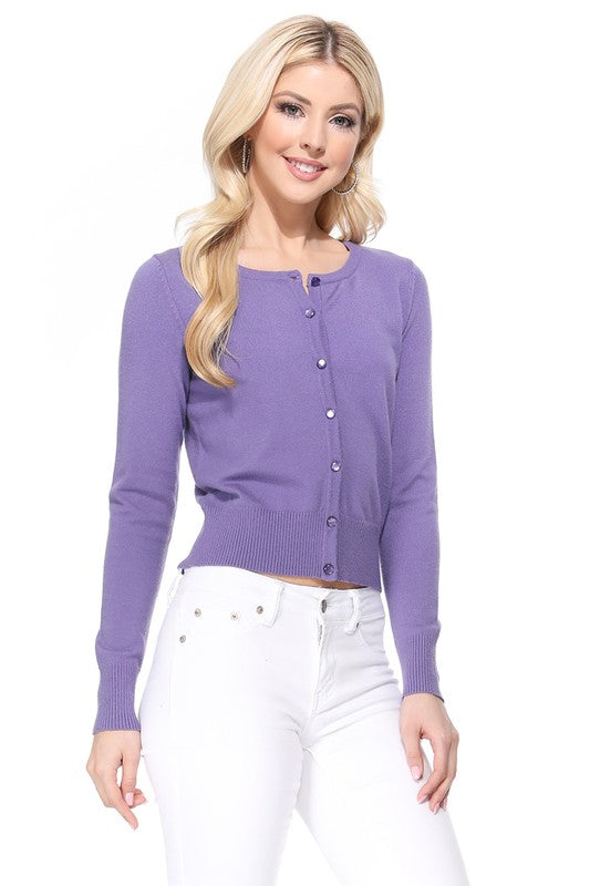 Gem Button Crew Neck Long Sleeve Sweater Cardigan- 18"-19" Length, Crewneck, Long Sleeves, Rounded Jewel Buttons, Button Down, Basic and Classic Viscose Crop Cardigan Sweater for Women.- Lightweight Knit Cardigan B