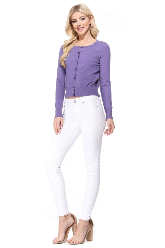 Gem Button Crew Neck Long Sleeve Sweater Cardigan- 18"-19" Length, Crewneck, Long Sleeves, Rounded Jewel Buttons, Button Down, Basic and Classic Viscose Crop Cardigan Sweater for Women.- Lightweight Knit Cardigan B