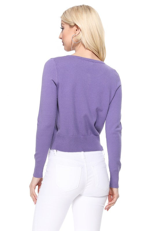 Gem Button Crew Neck Long Sleeve Sweater Cardigan- 18"-19" Length, Crewneck, Long Sleeves, Rounded Jewel Buttons, Button Down, Basic and Classic Viscose Crop Cardigan Sweater for Women.- Lightweight Knit Cardigan B