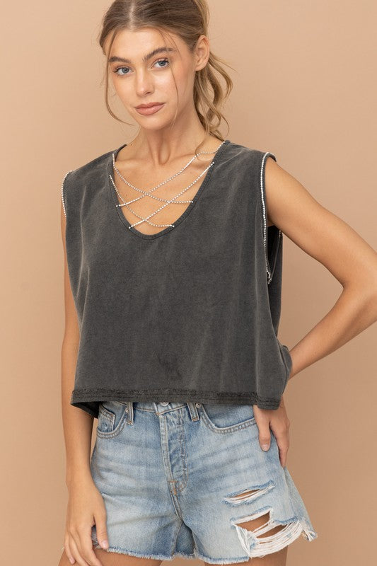 Mineral Washed Rhinestone TankIntroducing our Mineral Washed Rhinestone Tank, the epitome of edgy elegance. Crafted from French terry fabric with a unique mineral wash finish, this tank exudes ef