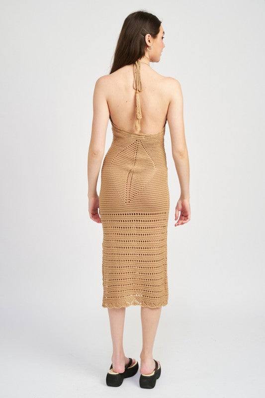 CROCHET HALTER MIDI DRESS WITH SLITSIZE & FIT :MODEL WEARS SIZE SMALLMODEL'S HEIGHT 5'9Made In: IMPORTEDFabric Contents: 55% ACRYLIC, 45% COTTON