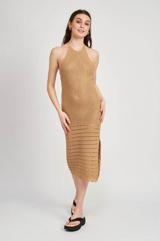 CROCHET HALTER MIDI DRESS WITH SLITSIZE & FIT :MODEL WEARS SIZE SMALLMODEL'S HEIGHT 5'9Made In: IMPORTEDFabric Contents: 55% ACRYLIC, 45% COTTON