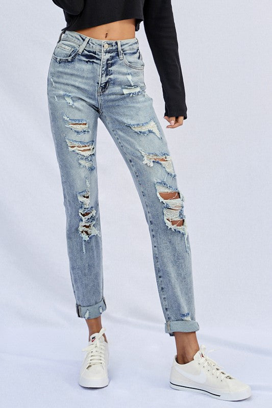 STRETCHED HIGH RISE GIRLFRIEND JEANSSTRETCHED HIGH RISE GIRLFRIEND JEANS 65% COTTON, 32% POLYESTER, 1.5% VISCOSE, 1.5% SPANDEX(SIZE 3)WAIST 25 1/2"HIP 34"FRONT SIZE 10 1/2"LEG OPENING 15 1/4"INSEAM 28