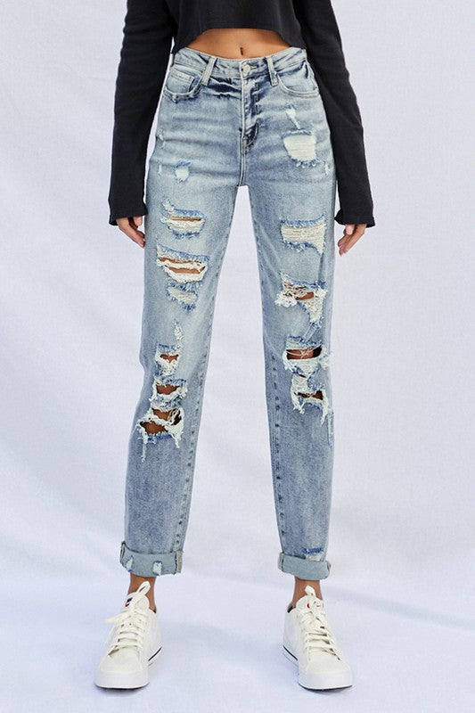 STRETCHED HIGH RISE GIRLFRIEND JEANSSTRETCHED HIGH RISE GIRLFRIEND JEANS 65% COTTON, 32% POLYESTER, 1.5% VISCOSE, 1.5% SPANDEX(SIZE 3)WAIST 25 1/2"HIP 34"FRONT SIZE 10 1/2"LEG OPENING 15 1/4"INSEAM 28