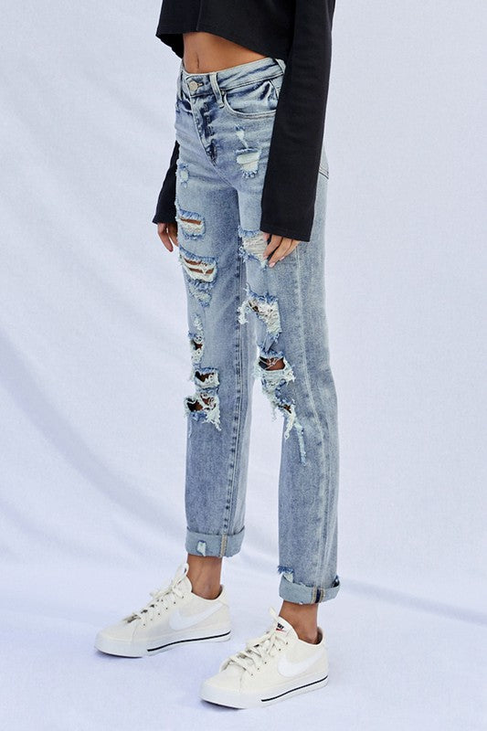 STRETCHED HIGH RISE GIRLFRIEND JEANSSTRETCHED HIGH RISE GIRLFRIEND JEANS 65% COTTON, 32% POLYESTER, 1.5% VISCOSE, 1.5% SPANDEX(SIZE 3)WAIST 25 1/2"HIP 34"FRONT SIZE 10 1/2"LEG OPENING 15 1/4"INSEAM 28
