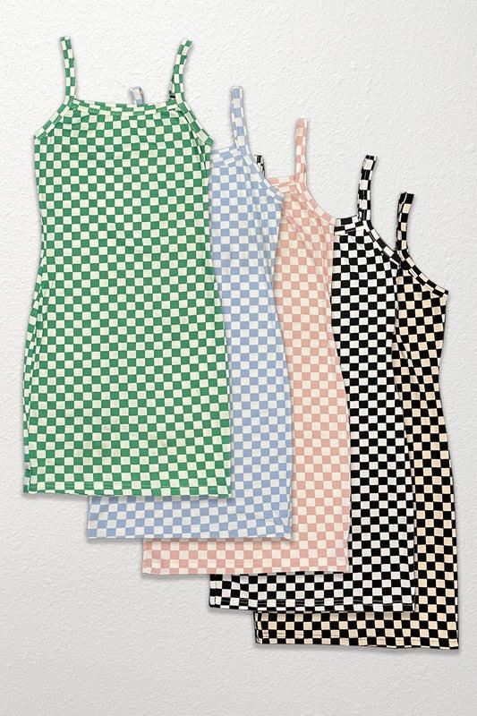 Checkered rib knit tank top dress*Exclusive In-House Design*-Checkered print-Rib knit-Adjustable strapsMade In: China