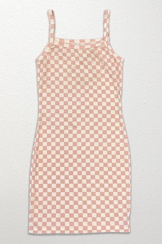 Checkered rib knit tank top dress*Exclusive In-House Design*-Checkered print-Rib knit-Adjustable strapsMade In: China