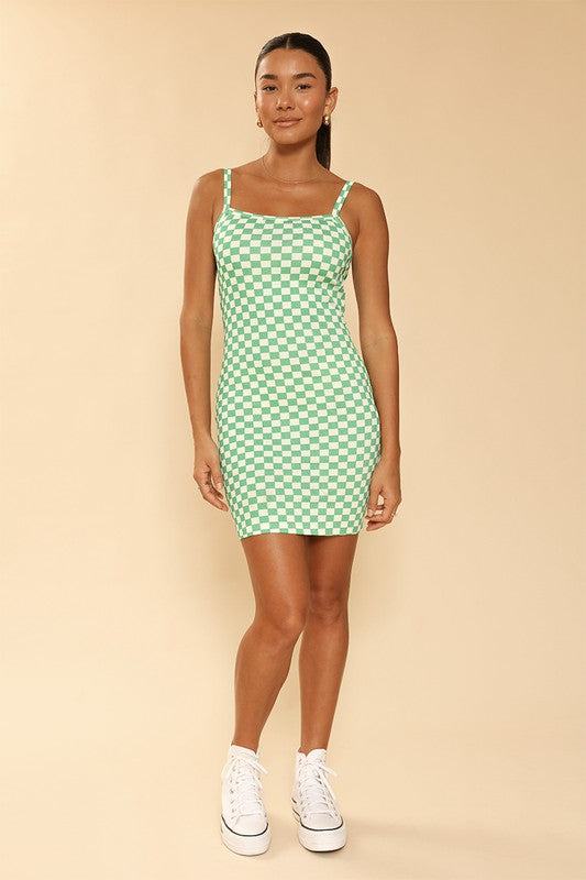 Checkered rib knit tank top dress*Exclusive In-House Design*-Checkered print-Rib knit-Adjustable strapsMade In: China