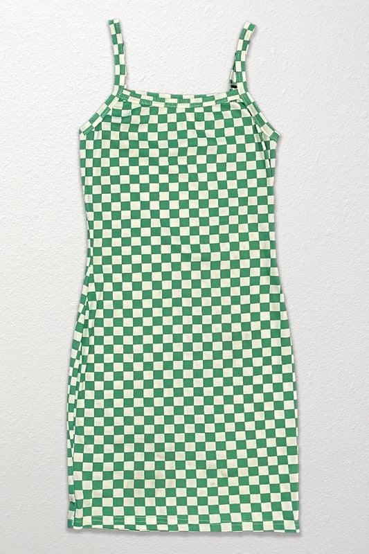 Checkered rib knit tank top dress*Exclusive In-House Design*-Checkered print-Rib knit-Adjustable strapsMade In: China