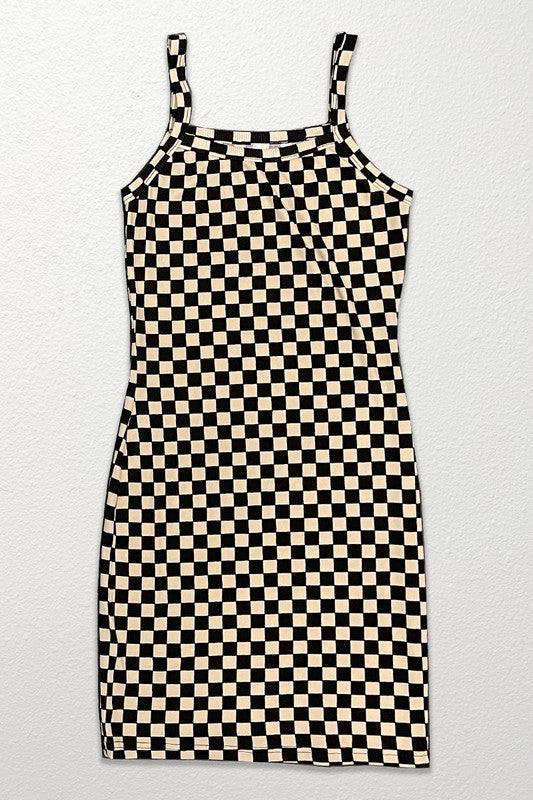 Checkered rib knit tank top dress*Exclusive In-House Design*-Checkered print-Rib knit-Adjustable strapsMade In: China