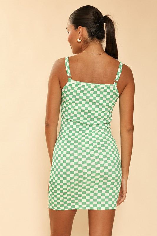Checkered rib knit tank top dress*Exclusive In-House Design*-Checkered print-Rib knit-Adjustable strapsMade In: China
