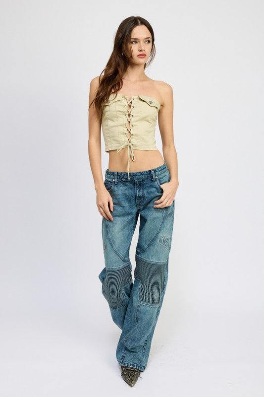 LACE UP CORSET BUSTIER TOPSIZE & FIT :MODEL WEARS SIZE SMALLMODEL'S HEIGHT 5'9Made In: IMPORTEDFabric Contents: 95% COTTON, 5% SPANDEX