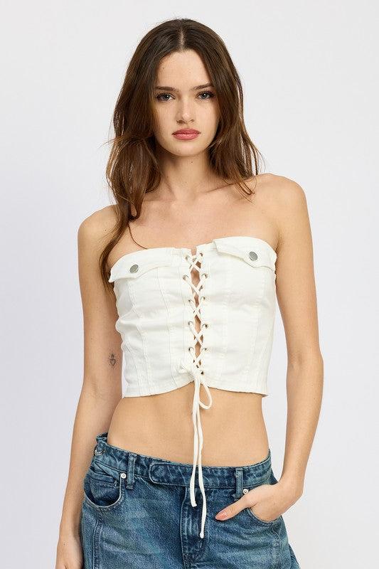 LACE UP CORSET BUSTIER TOPSIZE & FIT :MODEL WEARS SIZE SMALLMODEL'S HEIGHT 5'9Made In: IMPORTEDFabric Contents: 95% COTTON, 5% SPANDEX