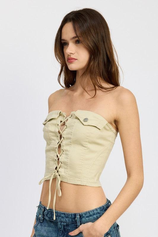 LACE UP CORSET BUSTIER TOPSIZE & FIT :MODEL WEARS SIZE SMALLMODEL'S HEIGHT 5'9Made In: IMPORTEDFabric Contents: 95% COTTON, 5% SPANDEX