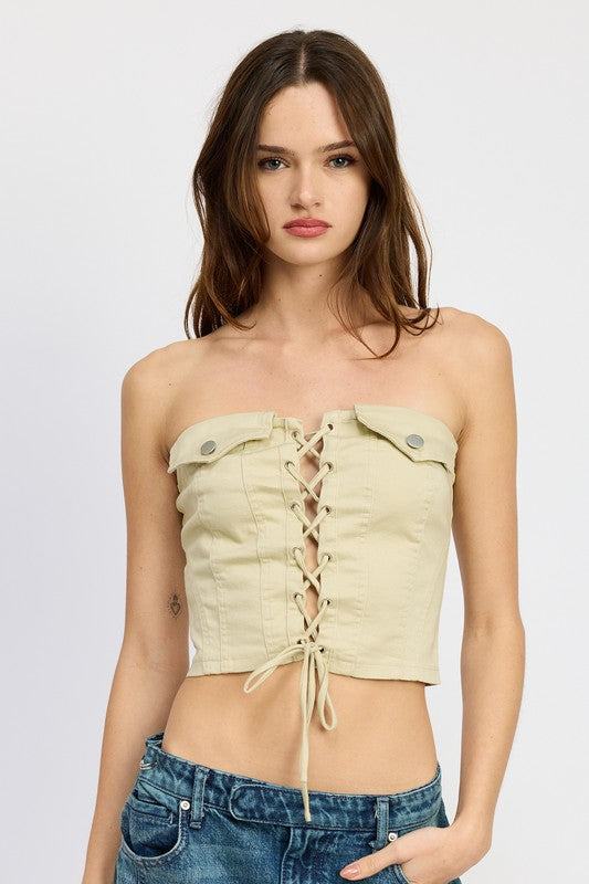 LACE UP CORSET BUSTIER TOPSIZE & FIT :MODEL WEARS SIZE SMALLMODEL'S HEIGHT 5'9Made In: IMPORTEDFabric Contents: 95% COTTON, 5% SPANDEX