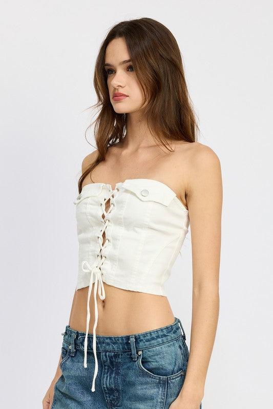 LACE UP CORSET BUSTIER TOPSIZE & FIT :MODEL WEARS SIZE SMALLMODEL'S HEIGHT 5'9Made In: IMPORTEDFabric Contents: 95% COTTON, 5% SPANDEX