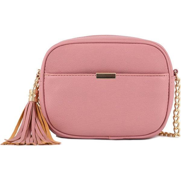 Tassel Small Crossbody Bag Camera BagTassel Small Crossbody Bag Camera Bag 8.75" (W) x 6.5" (H) x 3.25" (D) Tassel zipper Closure Adjustable Shoulder Strap with 22" min to 25" max drop Solid tone faux l