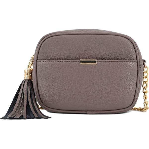 Tassel Small Crossbody Bag Camera BagTassel Small Crossbody Bag Camera Bag 8.75" (W) x 6.5" (H) x 3.25" (D) Tassel zipper Closure Adjustable Shoulder Strap with 22" min to 25" max drop Solid tone faux l