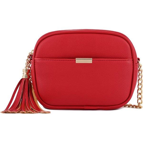 Tassel Small Crossbody Bag Camera BagTassel Small Crossbody Bag Camera Bag 8.75" (W) x 6.5" (H) x 3.25" (D) Tassel zipper Closure Adjustable Shoulder Strap with 22" min to 25" max drop Solid tone faux l
