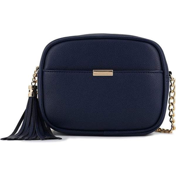 Tassel Small Crossbody Bag Camera BagTassel Small Crossbody Bag Camera Bag 8.75" (W) x 6.5" (H) x 3.25" (D) Tassel zipper Closure Adjustable Shoulder Strap with 22" min to 25" max drop Solid tone faux l