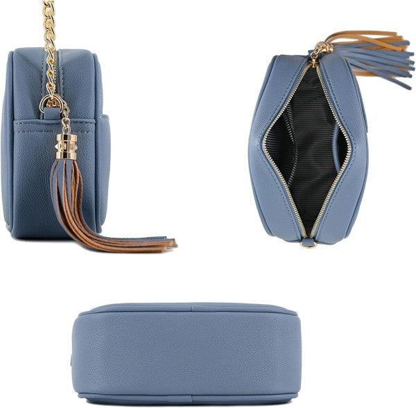 Tassel Small Crossbody Bag Camera BagTassel Small Crossbody Bag Camera Bag 8.75" (W) x 6.5" (H) x 3.25" (D) Tassel zipper Closure Adjustable Shoulder Strap with 22" min to 25" max drop Solid tone faux l