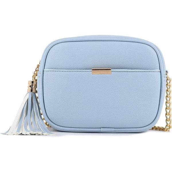 Tassel Small Crossbody Bag Camera BagTassel Small Crossbody Bag Camera Bag 8.75" (W) x 6.5" (H) x 3.25" (D) Tassel zipper Closure Adjustable Shoulder Strap with 22" min to 25" max drop Solid tone faux l