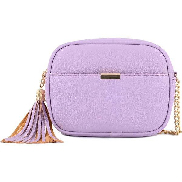 Tassel Small Crossbody Bag Camera BagTassel Small Crossbody Bag Camera Bag 8.75" (W) x 6.5" (H) x 3.25" (D) Tassel zipper Closure Adjustable Shoulder Strap with 22" min to 25" max drop Solid tone faux l