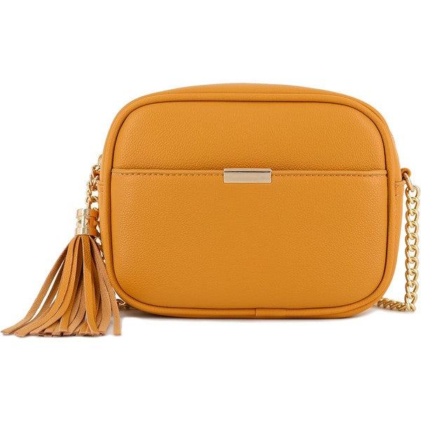 Tassel Small Crossbody Bag Camera BagTassel Small Crossbody Bag Camera Bag 8.75" (W) x 6.5" (H) x 3.25" (D) Tassel zipper Closure Adjustable Shoulder Strap with 22" min to 25" max drop Solid tone faux l