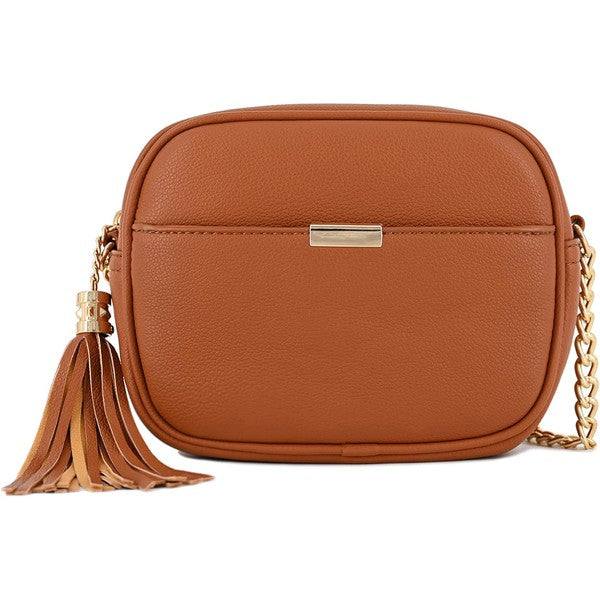 Tassel Small Crossbody Bag Camera BagTassel Small Crossbody Bag Camera Bag 8.75" (W) x 6.5" (H) x 3.25" (D) Tassel zipper Closure Adjustable Shoulder Strap with 22" min to 25" max drop Solid tone faux l