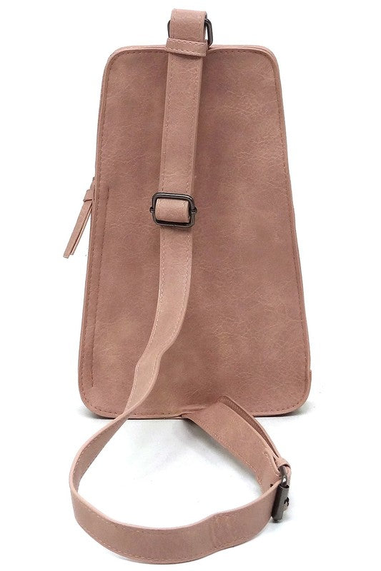 Fashion Sling BagFashion Sling Bag Faux vegan leather Zip top closure Silver-tone hardware Adjustable shoulder strap L 5.5 * H 8.5 * W 1