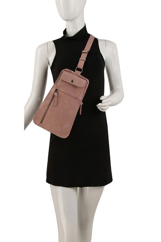 Fashion Sling BagFashion Sling Bag Faux vegan leather Zip top closure Silver-tone hardware Adjustable shoulder strap L 5.5 * H 8.5 * W 1