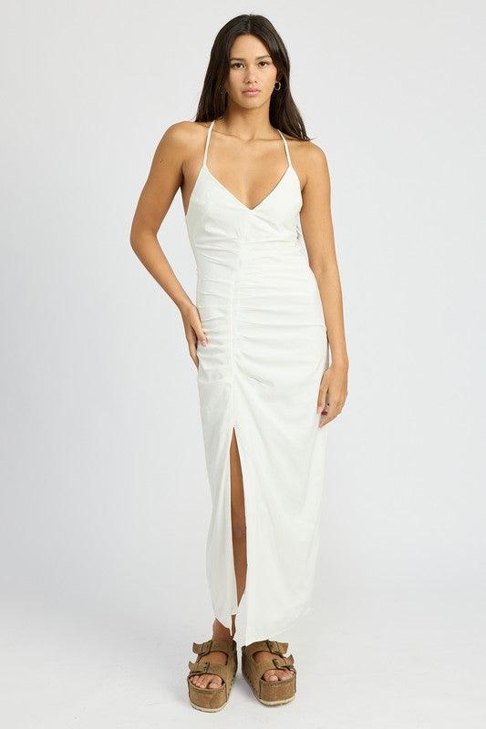 RUCHED SATIN DRESS WITH CROSSED BACKSIZE & FIT :MODEL WEARS SIZE SMALLMODEL'S HEIGHT 5'9Made In: IMPORTEDFabric Contents: 70% POLYESTER, 30% RAYON