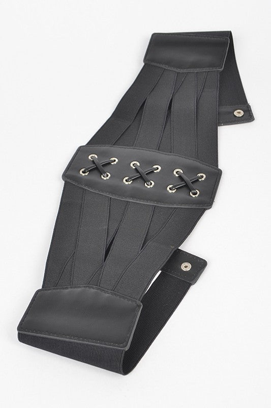 Faux Leather Lacing Corset BeltOne SizeWidth - 6.75"Length - 32.5"Polyurethane, ElasticLead & Nickel Compliant
