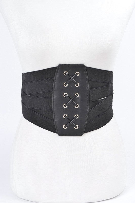 Faux Leather Lacing Corset BeltOne SizeWidth - 6.75"Length - 32.5"Polyurethane, ElasticLead & Nickel Compliant