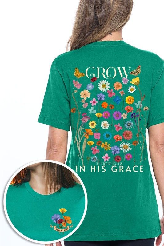 Wild Flowers Grow In Grace Graphic TeeWild Flowers Grow In Grace Front and Back Graphic Tee.Unisex Crew Neck Short Sleeve Tees.Crafted from premium materials, tailored to your lifestyle, ensuring a comfo