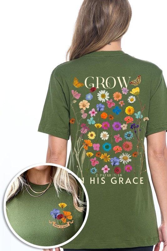 Wild Flowers Grow In Grace Graphic TeeWild Flowers Grow In Grace Front and Back Graphic Tee.Unisex Crew Neck Short Sleeve Tees.Crafted from premium materials, tailored to your lifestyle, ensuring a comfo