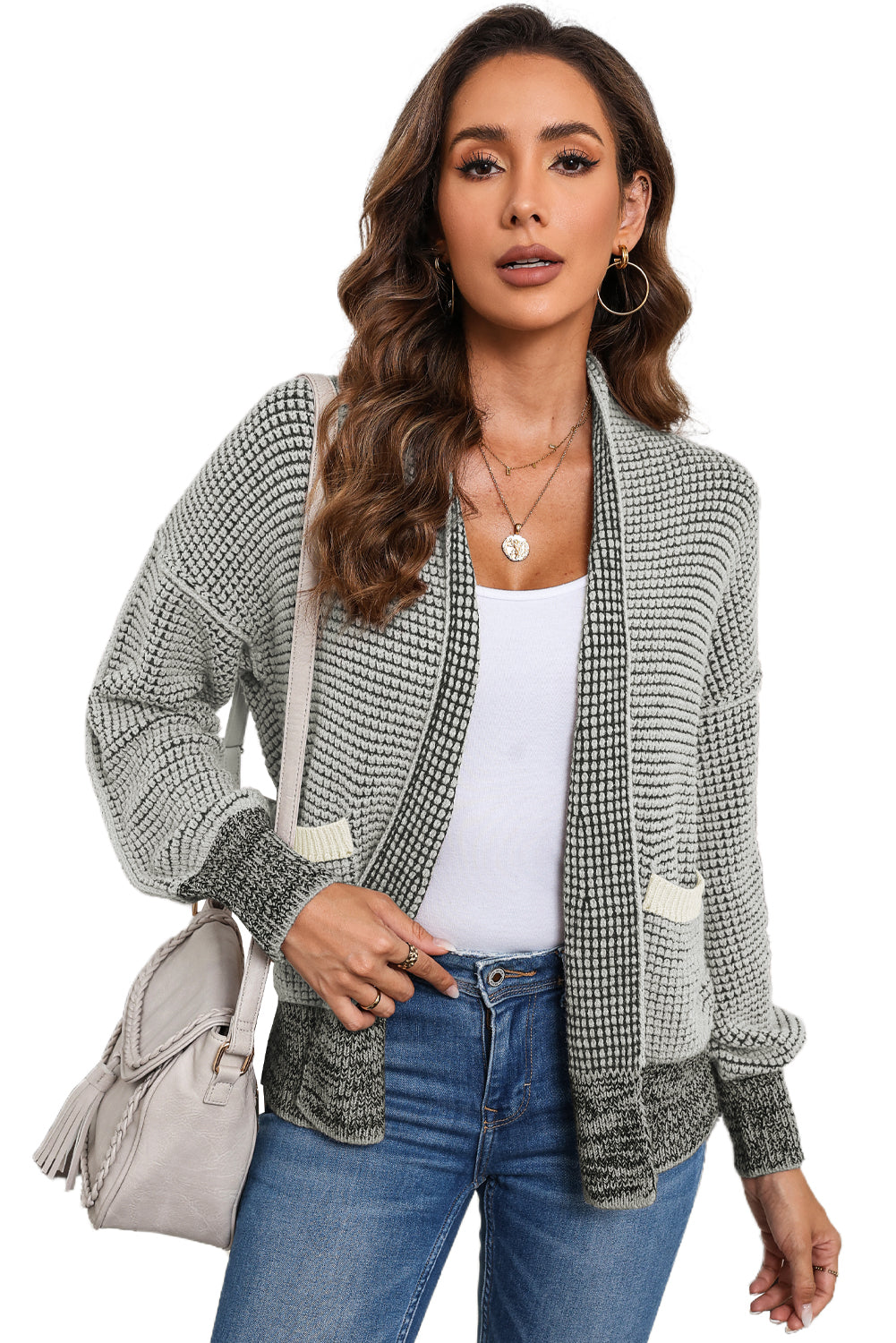 Gray Chunky Knit Pockets Drop Sleeve Cardigan
