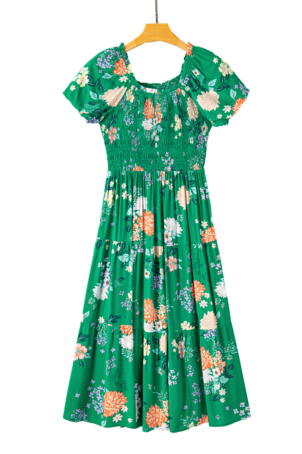 Green Floral Print Bubble Sleeve Smocked Tiered Midi DressMaterial:100%Viscose
This chic dress adds a vibrant and feminine touch, creating a romantic look
The smocked panel provides a fitted and flattering w