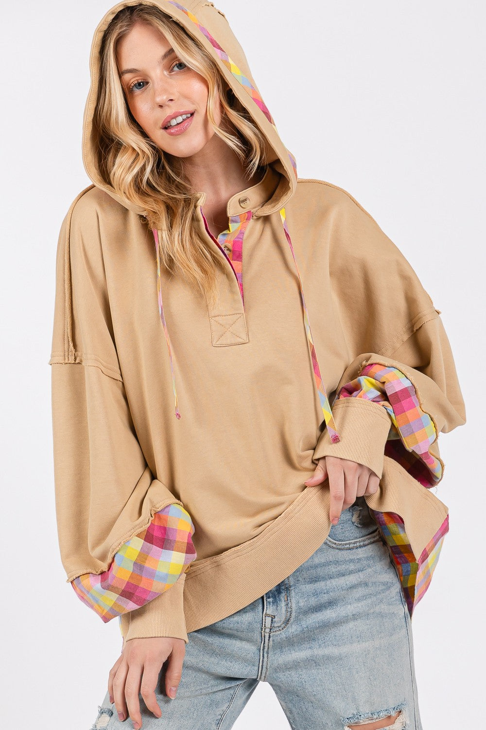 SAGE + FIG Full Size Plaid Print Washed HoodieElevate your casual style with this Mineral Wash Hoodie featuring a unique plaid print. The mineral washed fabric gives it a cool and vintage look, while the adjusta