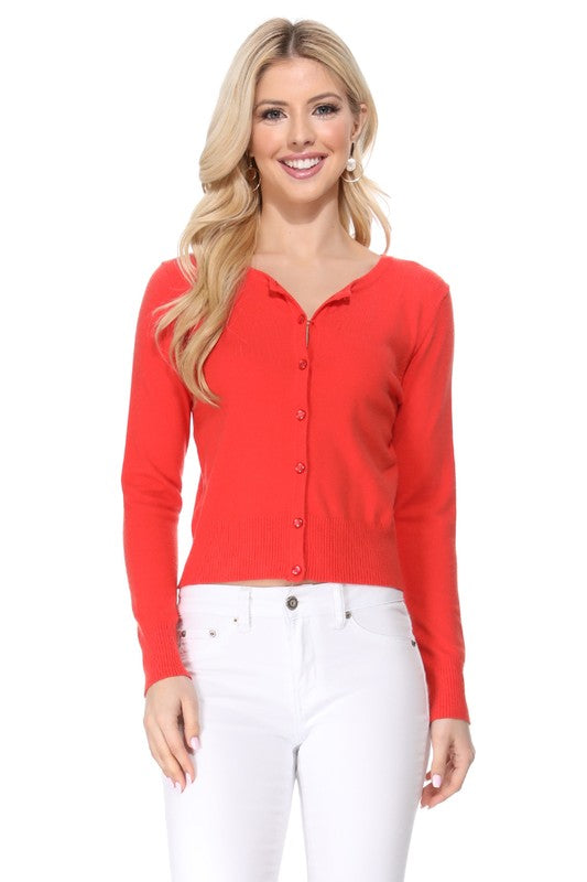 Gem Button Crew Neck Long Sleeve Sweater Cardigan- 18"-19" Length, Crewneck, Long Sleeves, Rounded Jewel Buttons, Button Down, Basic and Classic Viscose Crop Cardigan Sweater for Women.- Lightweight Knit Cardigan B