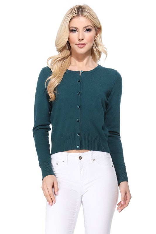Gem Button Crew Neck Long Sleeve Sweater Cardigan- 18"-19" Length, Crewneck, Long Sleeves, Rounded Jewel Buttons, Button Down, Basic and Classic Viscose Crop Cardigan Sweater for Women.- Lightweight Knit Cardigan B