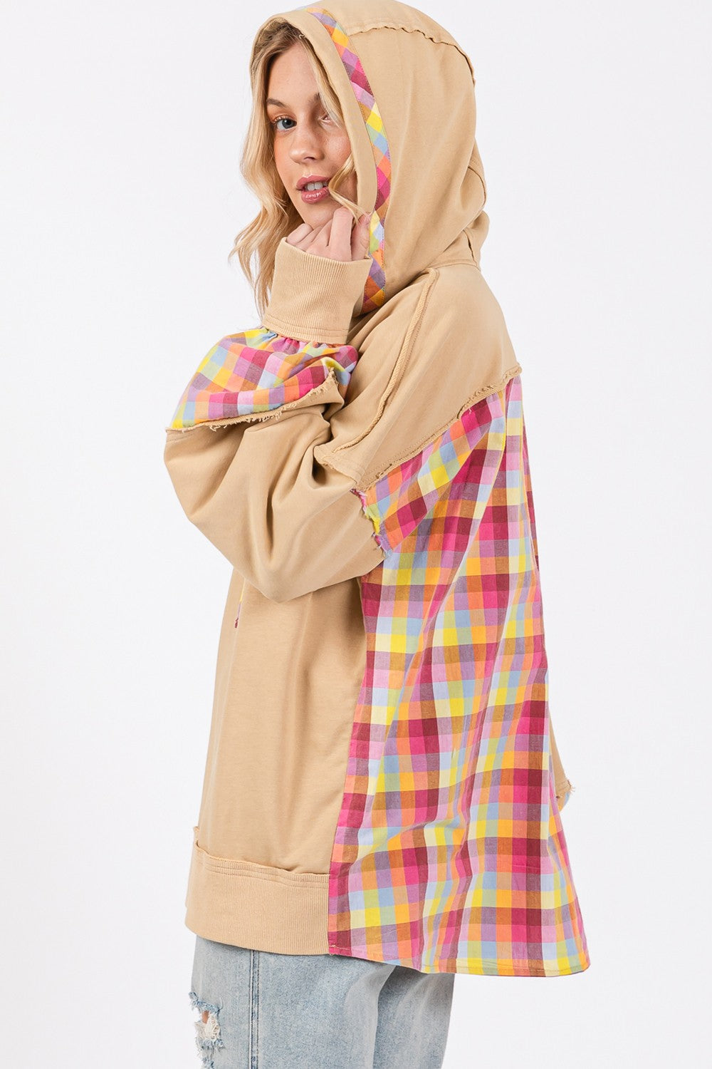 SAGE + FIG Full Size Plaid Print Washed HoodieElevate your casual style with this Mineral Wash Hoodie featuring a unique plaid print. The mineral washed fabric gives it a cool and vintage look, while the adjusta
