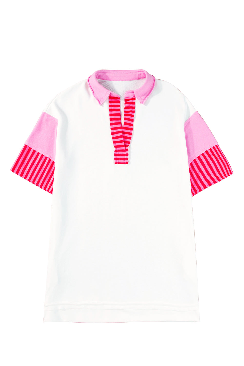 Pink Stripe Colorblock Sleeve Collared Mini DressMaterial:65%Polyester+35%Cotton
• The combination of pink and stripes adds a fun and trendy touch to your outfit.
• Embrace the relaxed vibes with the drop sleeve