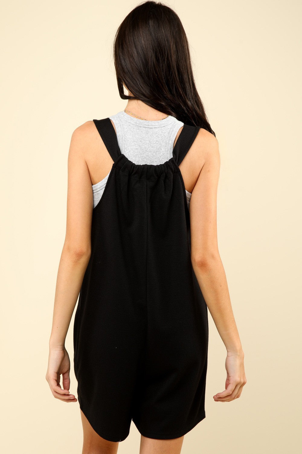 VERY J Tie Shoulder Front Pocket RomperThe Solid Casual Knit Romper is a chic and comfortable choice for any casual occasion. This romper features front patch pockets for added convenience and a trendy to